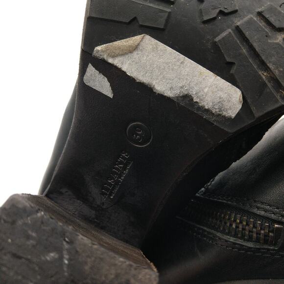AllSaints Black Leather Ankle Boots Size 39 8 8.5 Stacked Heel Side Zip Moto - Picture 8 of 8